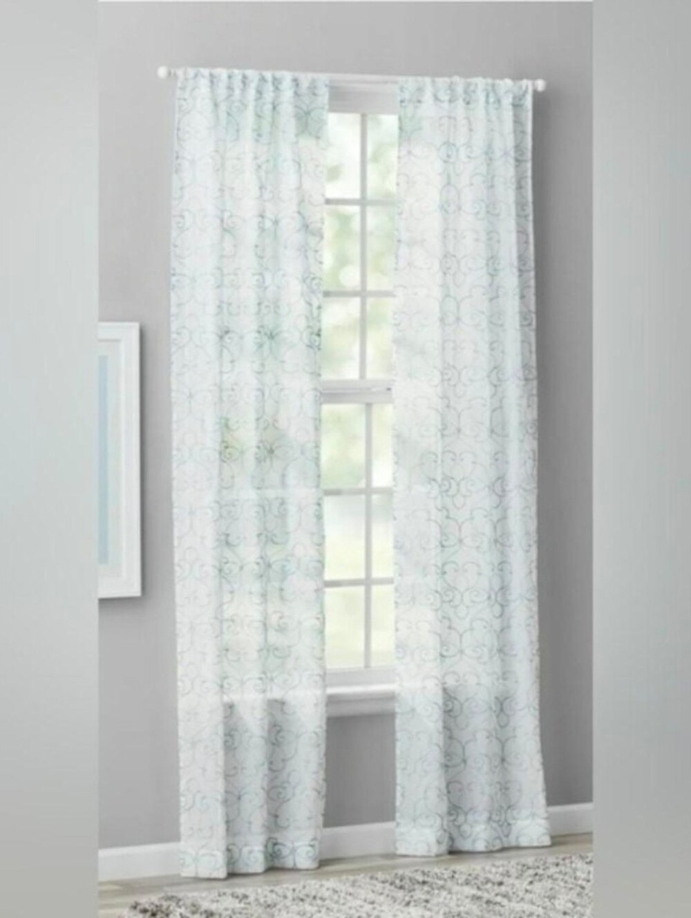 Mainstays Sheer Panel in White with Light Blue Scroll Pattern